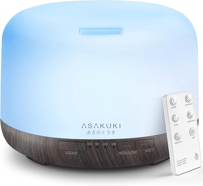 ASAKUKI 500ml Premium, Essential Oil Diffuser with Remote Control, 5 in 1 Ultrasonic Aromatherapy Fragrant Oil Humidifier Vaporizer, Timer and Auto-Off Switch Brown