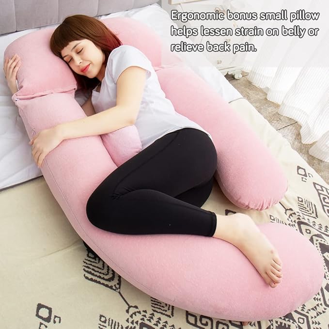 AS AWESLING 60in Full Body Pillow | Nursing, Maternity and Pregnancy Pillow | Extra Large U Shape Pillows with Detachable Side, Separate Support Pillow and Removable Cover Velvet (Light Pink)