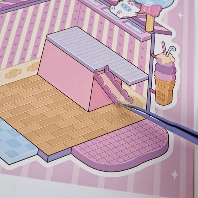 Sticker Therapy 3D Scene – 6 Sets Large Size DIY 3D Sticker Scenes with Tweezer for Adults Kids Relief Stress Pass The Time, Cute Miniature House Room Material Collection Book 02