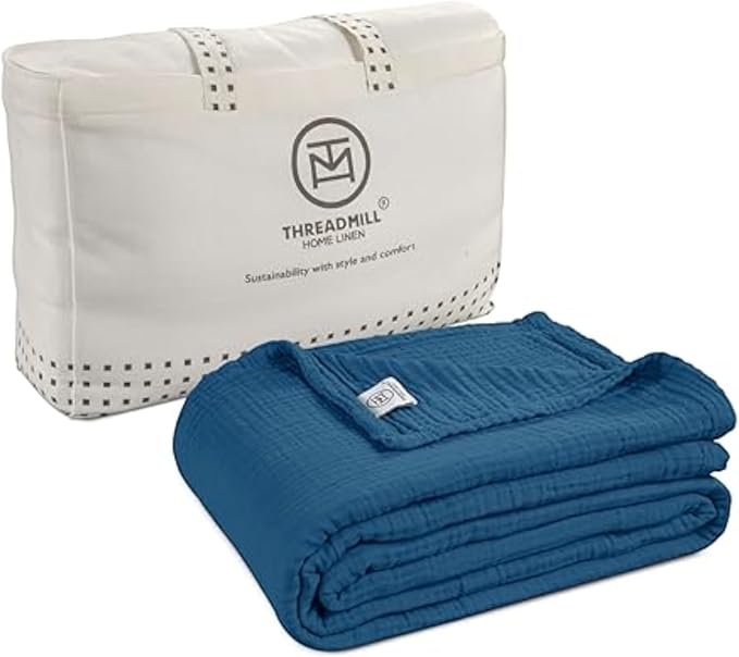 Threadmill Muslin Blanket for Queen Size Bed | 4 Layer 100% Cotton Gauze | Soft, Lightweight, and Cozy for All Seasons | Lightweight Summer Blanket | Folkstone Blue