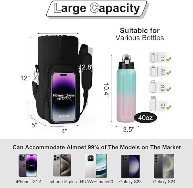 Water Bottle Holder with Strap, 4 Big Pockets with Compartment, 24oz/32oz/40oz Crossbody Water Bottle Carrier Bag