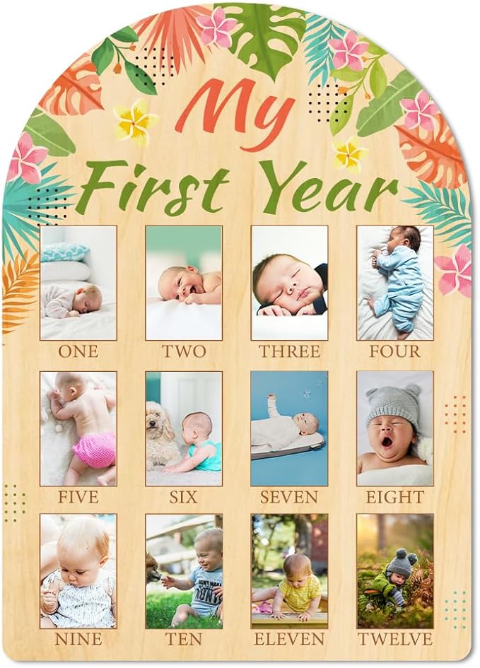 ORIGACH My First Year Baby Growth Photo Display Wood Board - 12 Months Newborn Milestones Photo Board - Neutral Baby Keepsake Board 1st Birthday Party Nursery Decor New Mom Gift - Tropical Leaves