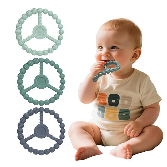 3 Pack Baby Teething Toys 3-6 Months, Silicone Ring Teethers for Babies 6-12 Months, Freezer Safe Chew Toy with Textured Grip for Boys Girls Teething Relief, Infant Easter Gift (Mint Green Blue)