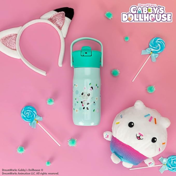 Zak Designs Harmony Gabby's Dollhouse Kid Water Bottle for Travel, 14oz Recycled Stainless Steel, Leak-Proof When Closed and Vacuum Insulated (Pandy Paws, Cakey Cat, Mercat, Kitty Fairy)