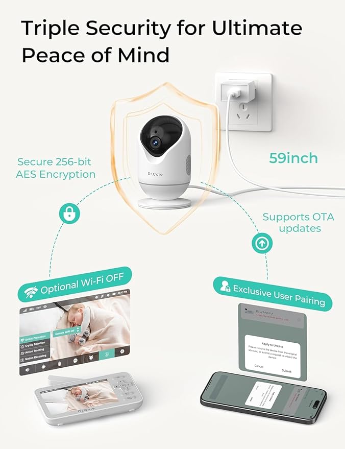 VistaView Lite Smart WiFi Baby Monitor with 2 Cameras- 4” 720P Split Screen & 1080P Camera App Control, Motion Alerts, Night Vision, 3000mAh Battery, 2-Way Talk, Triple Security, 1000ft Range