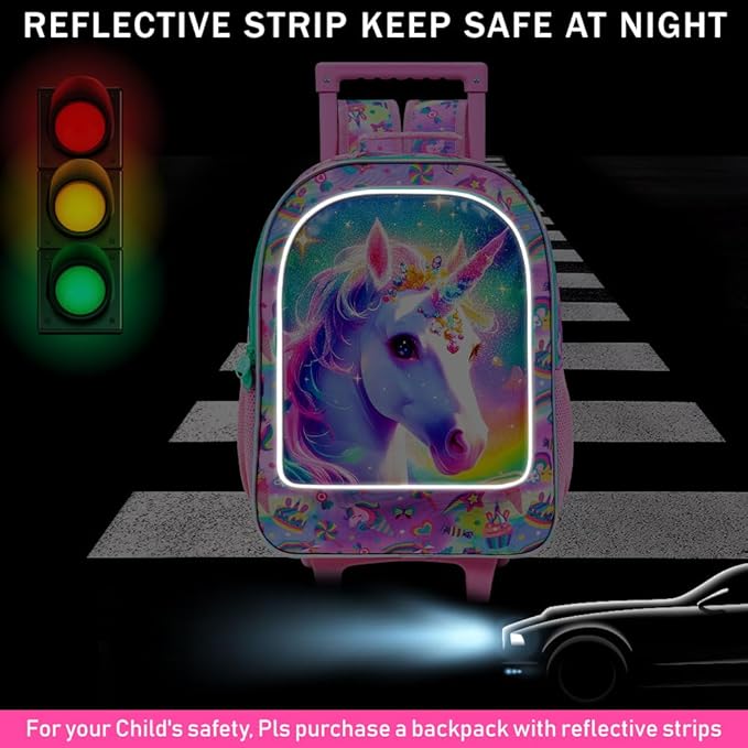 gxtvo Girls Rolling Backpack, Cute Unicorn Roller Wheels Kids Bookbag - Wheeled Elementary School Bag - 3PCS Unicorn