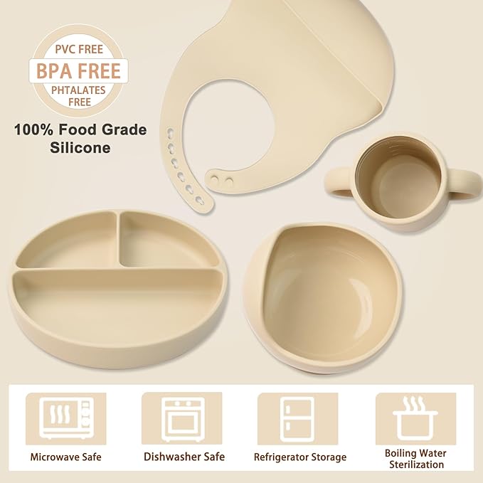 Silicone Baby Feeding Set 14 Pcs,Baby Led Weaning Supplies, Baby Spoons Suction Bowl Divided Plate Bib Cup Finger Brush,First Stage Solid Food Eating Utensils - 6+ Months(Beige)