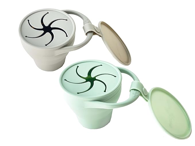 otterlove Collapsable Silicone Snack Container With Attachable Lid | 100% Pure LFGB Platinum Silicone with No Fillers | Snack Cup (2 Pack - Sage & Sand)