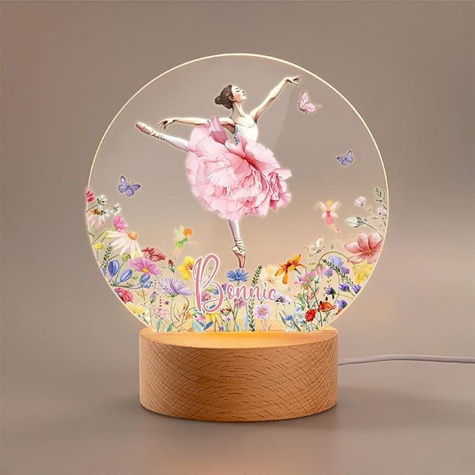 callie Acrylic Night Light Name Plate Personalized, Custom Cute Fox Deer Turtle Forest Animal with Wooden Base Bedroom Decor, Birthday Gifts Kid Gifts for Family (Beautiful Ballet Girl)