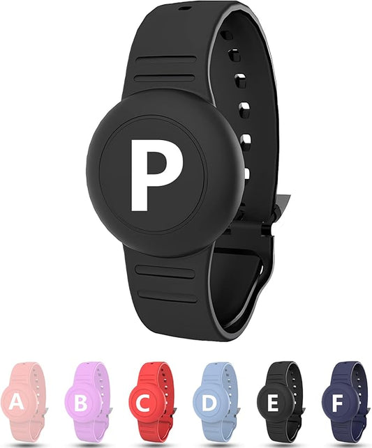 Waterproof Bracelet for AirTag Kids, Personalized Initial Letter Hidden Holder Compatible with Air Tag, Silicone Case for Airtag Adjustable Anti-Lost GPS Tracker for Toddler Child Elder, P