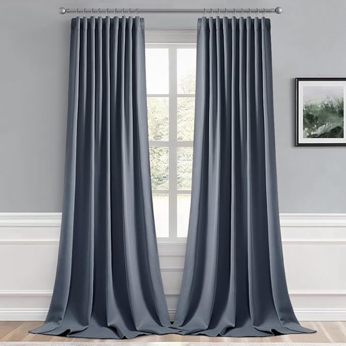 MIULEE Stone Blue Back Tab Blackout Curtains 108 Inch Long 2 Panels Set for Bedroom, Rod Pocket/Pinch Pleat Extra Long Thermal Insulated Living Room Darkening Pleated Light Blocking Drapes