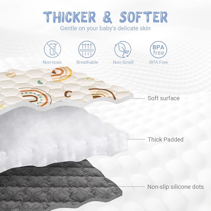 Boho Rainbow Baby Play Mat 50" X 50" Playpen Mat Thicken One-Piece Baby Crawling Mat Non-Slip Cushioned Baby Floor Mat with Lettters, Activity Playmats for Infants, Babies, Toddlers (50X50,Beige)