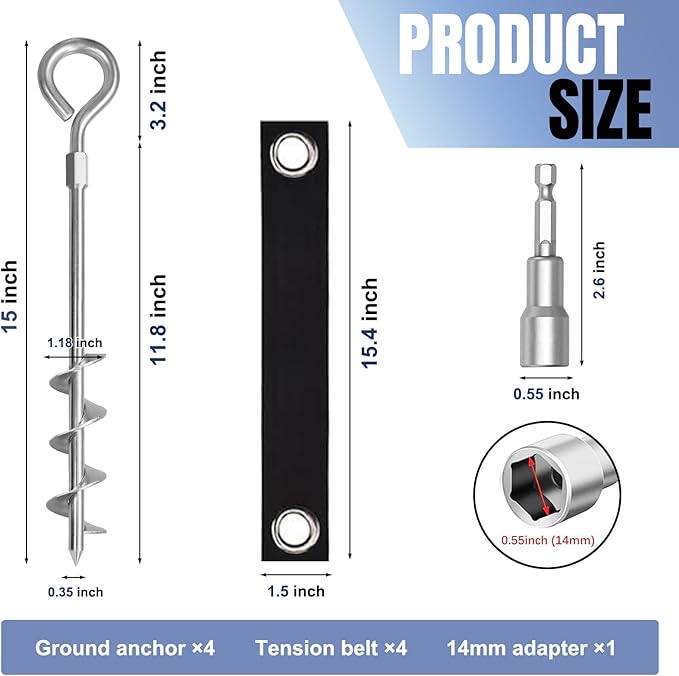 Eurmax USA Trampoline Stakes Screw in Tent Stakes Parts Heavy Duty for Canopies,4-Pack Outdoor Anchor Kit with Straps(Silver)