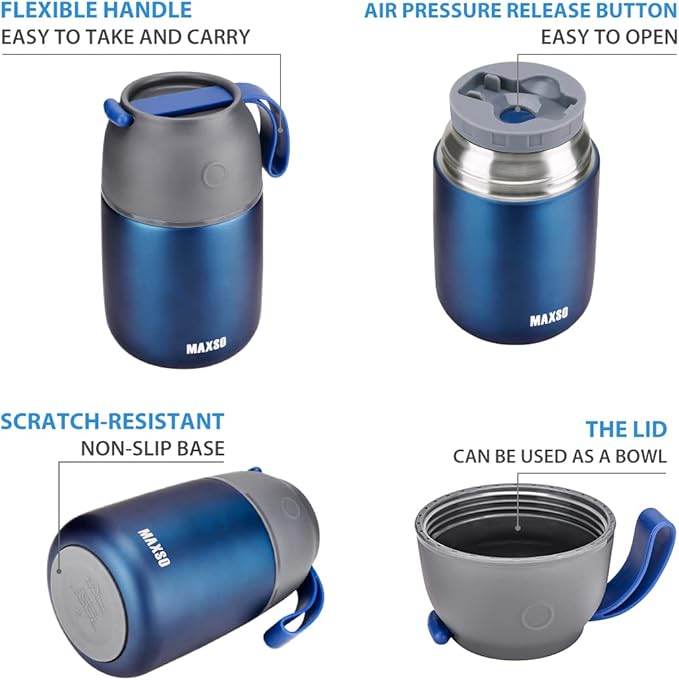 Insulated Thermo Food Jar for Hot & Cold Food for Kids Adult, 17 oz Soup Thermal Hot Food Containers for Lunch, Triple Layer Insulation Stainless Steel Food Jar with Spoon(Blue)