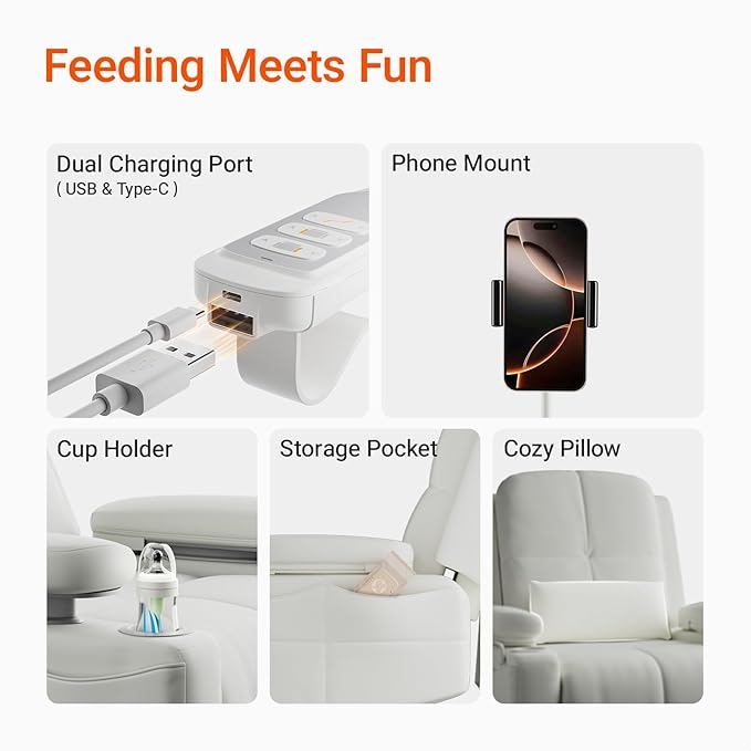 Rocking Chair Nursery with Adjustable Armrests, Electric Glider Recliner Nursing Chair for Breastfeeding, Power Swivel Recliner Chairs with USB Port and Storage, FSC Certified (Vanilla)