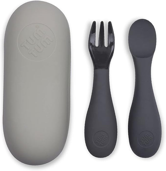 Baby Cutlery Set With Case, Spoon & Fork for Self Feeding, Silicone, 6 Months Plus (Grey)