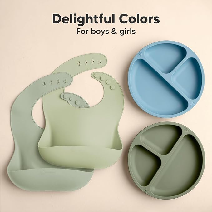 KeaBabies 2-Pack Silicone Baby Bibs for Eating - Sturdy Food-Grade Silicone Bibs for Babies Girl, Boy, Large Food Catcher, Clean & Put On Easily, Waterproof Toddler Feeding Essentials (Sage)