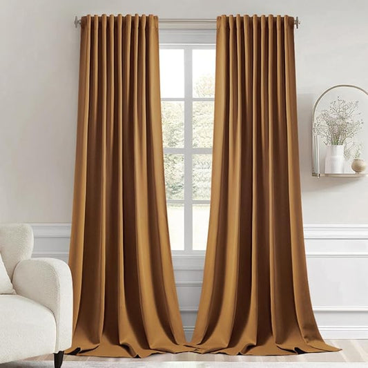 MIULEE Golden Brown Back Tab Blackout Curtains 108 Inch Long 2 Panels Set for Bedroom, Rod Pocket/Pinch Pleat Extra Long Thermal Insulated Living Room Darkening Pleated Light Blocking Drapes