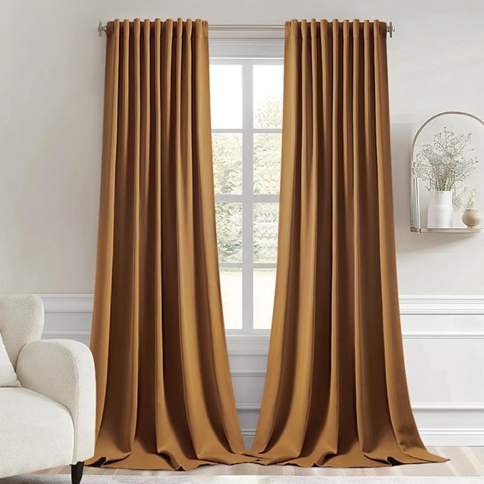 MIULEE Golden Brown Back Tab Blackout Curtain 96 Inch Long 2 Panels Set for Bedroom, Rod Pocket/Pinch Pleat Thermal Insulated Living Room Darkening Pleated Light Blocking Floor to Ceiling Drape
