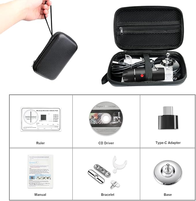 Digital USB Microscope Camera, 40X to 1000X, with Metal Stand & Carrying Case, Compatible with Android, Windows, Linux, Mac, Portable for Kids, Students, Adults