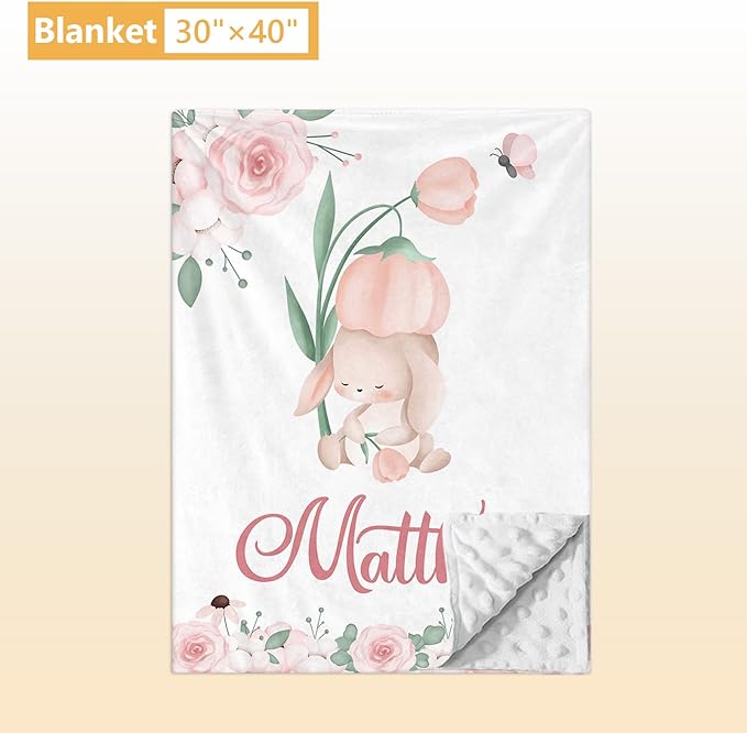 Custom Baby Crib Bedding Set - 5 Pcs Personalized Name Baby Crib Set with Double Layer Blanket - Soft Tulip Bunny Nursery Bedding Set for Girls Boys - Customized Gifts for Infants Toddlers