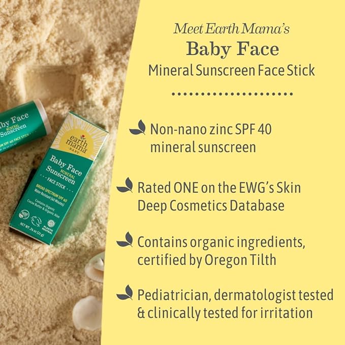 Earth Mama Baby Face Mineral Sunscreen Stick SPF 40 | Non-Nano Zinc, Contains Organic Cocoa Butter & Aloe | Babies, Kids & Family 0.74-Ounce