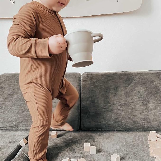 BraveJusticeKidsCo | Snack Attack II Snack Cup | Collapsible Silicone Snack Container | Toddler and Baby Snack Catcher Lid (Fog)