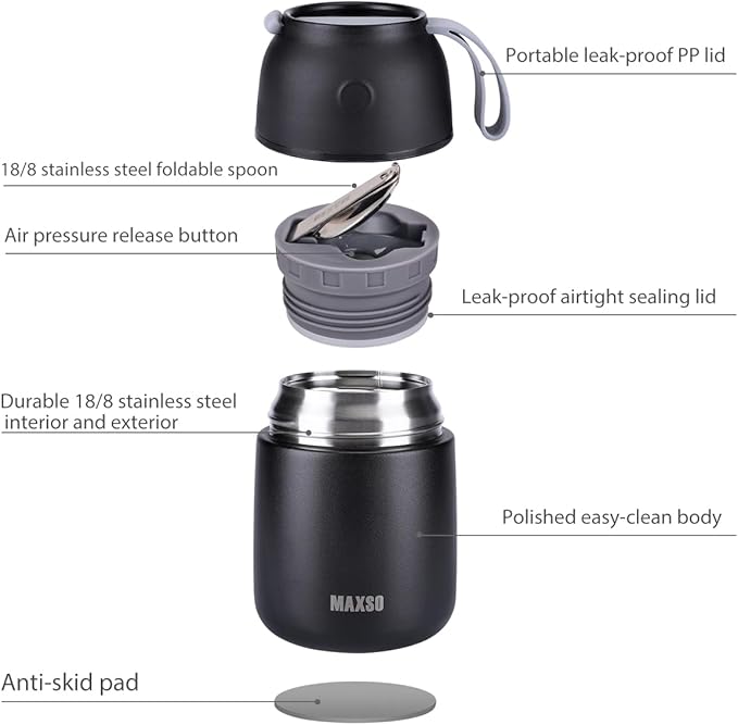 Insulated Thermo Food Jar for Hot & Cold Food for Kids Adult, 17&24 oz Soup Thermal Hot Food Containers for Lunch, Triple Layer Insulation Stainless Steel Food Jar with Spoon (2 Pack Black)