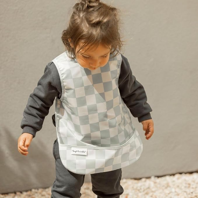 Tiny Twinkle Mess Proof Baby Bib - Waterproof & Lightweight Baby-Led Weaning Apron | 100% Recycled Polyester, Easy Clean & Machine Washable (Green Checkers, Large 2-4 Years)