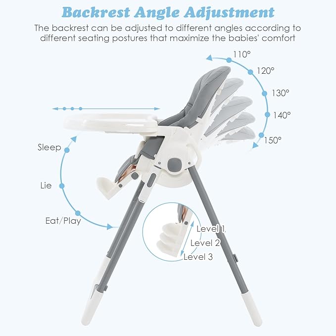 INFANS High Chair for Babies & Toddlers, Foldable Highchair with Multiple Adjustable Backrest Footrest Seat Height, Removable Tray, Detachable PU Leather Cushion, Built-in Rear Wheels (Light Grey)