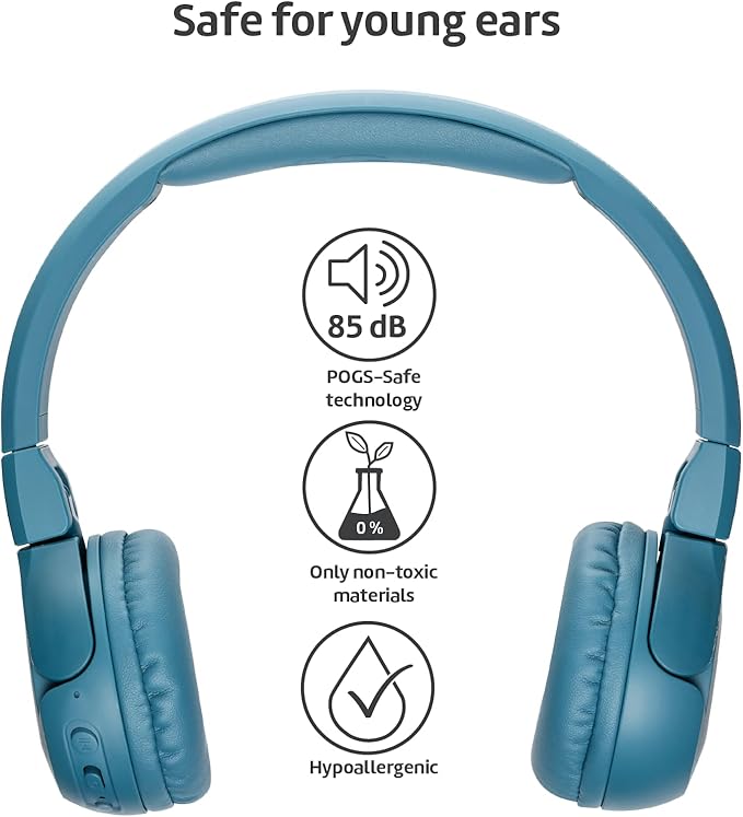 POGS Kids Bluetooth Wireless Headphones | The Gecko 2 | Foldable, Durable Headphones for Kids 3+ | Volume Limited 85 dB, Microphone | On-Ear | Wireless Music-Sharing Function (rBlue)