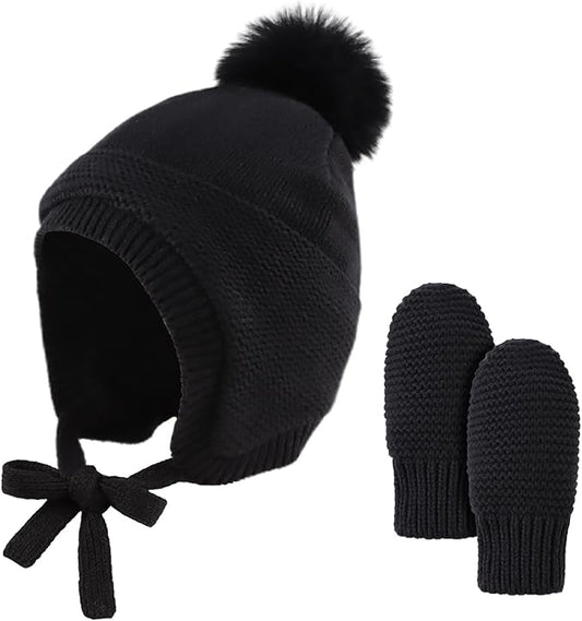 Basic Winter Baby Beanie Gloves Boys Girls Knitted Hat Pompom Kids Earflap Hats Warm Infant Toddler Beanie Mittens Set