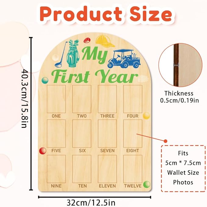 ORIGACH My First Year Baby Growth Photo Display Wood Board - 12 Months Newborn Milestones Photo Board - Neutral Baby Keepsake Frame 1st Birthday Party Nursery Decor New Mom Gift - Golf Element