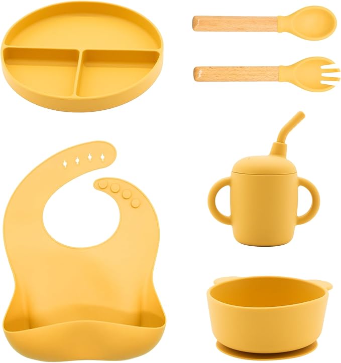 Silicone Baby Feeding Set 6 Pcs, Baby Led Weaning Supplies, Baby Feeding Supplies Set BPA Free, Baby Essentials for Newborn Gift Yellow