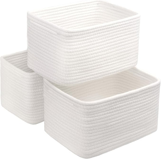 Small Cotton Rope Storage Basket Set of 3-11"x7"x7" Perfect Woven Baskets for Storage, Ideal Storage Baskets for Organizing Toys, Towels, and More - Baskets for Shelves and Home Decor（White）