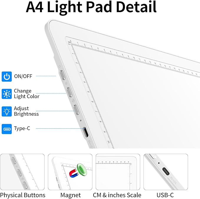 TOHETO Rechargeable A4 Light Board with Stand, Super Bright Magnetic Light Pad with Side Buttons, Wireless Light Box for Tracing and Drawing, Cordless LED Light Table for Diamond Painting White