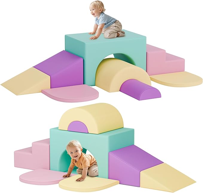 ‌Soft Climbing Toys for Toddlers, 7-Piece Baby Soft Foam Climbing Blocks, PU Leather Gym Climb and Crawl Activity Play Set, Indoor Climbing Toys for Kids and Children, Pink