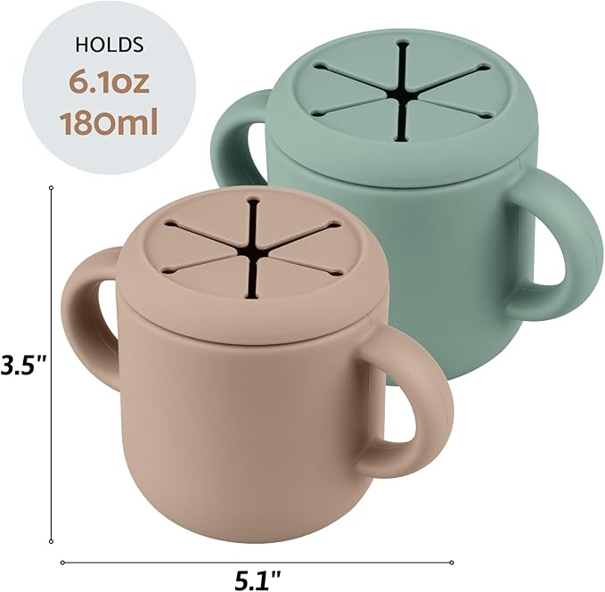 Snack Containers, Silicone Snack Cups for 6-12 Months Toddlers - Pack of 2 Food Grade Silicone Snack Cups with Grip Handle for Baby Led Weaning, Unbreakable (Natural/Cambridge Blue)