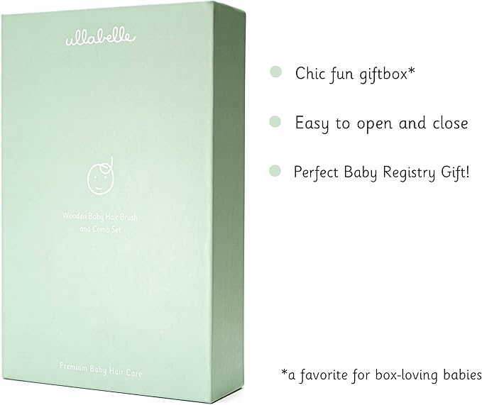 3 Piece Wooden Baby Hair Brush and Comb Set for Newborns & Toddlers in Chic Gift Box - Ultra Soft Natural Goat Hair and Wood Baby Brush Set Prevents Cradle Cap - Perfect Registry Gift (Sage)