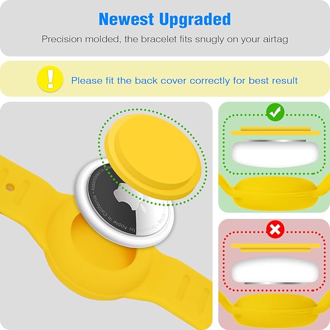 Waterproof Air Tag Bracelet for Kids [2 Pack], Cute Cartoon Air Tag Holder for Kids with Full Coverage Hidden Design, Silicone Airtag Wristband for Child, Healthy Material Blue + Yellow