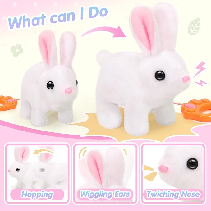Hopping Plush Bunny Easter Interactive Toys for Kids,Can Wagging Tail and Twitching Nose with Remote Control Leash,Easter Eggs and Decorations,Easter Christmas Birthday Gift for Toddlers