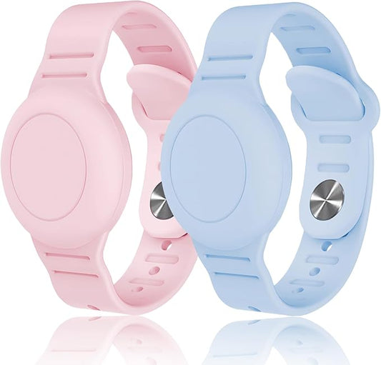 Kids Waterproof Airtag Bracelet Compatible with Apple AirTag, Hidden Silicon Protective Case for Air Tag GPS Tracker Holder, Adjustable Anti-Lost Watch Band for Toddler Child (Pink & Blue)