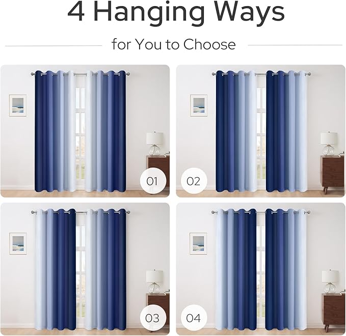 HOMEIDEAS Navy Blue Ombre Blackout Curtains, 52 X 63 Inch Length Gradient Color Room Darkening Curtains with Grommet Thermal Insulated Window Drapes for Living Room, Bedroom, 2 Panels