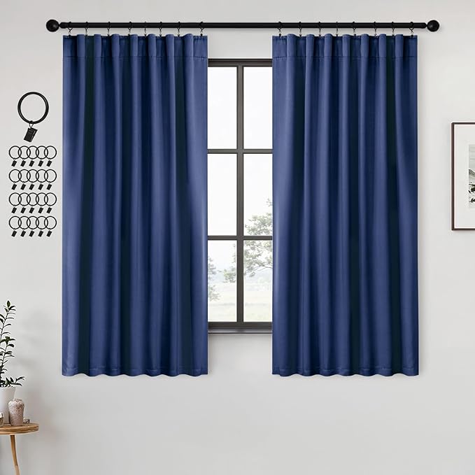 ANRODUO Back Tab Blackout Curtains for Bedroom Living Room, Rod Pocket Pinch Pleated Thermal Insulated Room Darkening Curtains 63 Inches Long 2 Panels, Navy Blue, 42 x 63 Inch