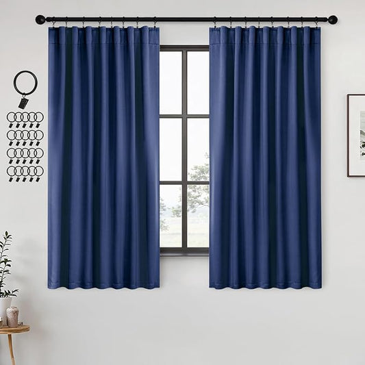 ANRODUO Back Tab Blackout Curtains for Bedroom Living Room, Rod Pocket Pinch Pleated Thermal Insulated Room Darkening Curtains 63 Inches Long 2 Panels, Navy Blue, 42 x 63 Inch