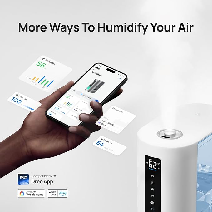 Dreo 6L Humidifiers for Bedroom, Smart Warm & Cool Mist for Large Room, 60Hr Quiet Runtime for Baby, Plant, Humidity Sensor, Indicator Light, 12H Timer, Google/Alexa, Blue