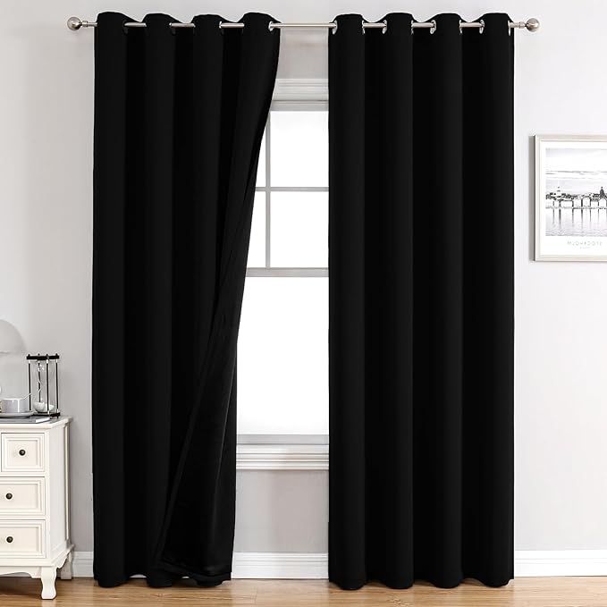 ChrisDowa 100% Blackout Curtains for Bedroom with Black Liner, 2 Thick Layers Total Blackout Thermal Insulated Grommet Long Window Curtains 2 Panels Set (Black, 52 x 95 Inch)