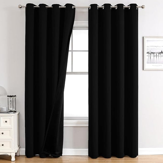 ChrisDowa 100% Blackout Curtains for Bedroom with Black Liner, 2 Thick Layers Total Blackout Thermal Insulated Grommet Window Curtains 2 Panels Set (Black, 52 x 72 Inch)