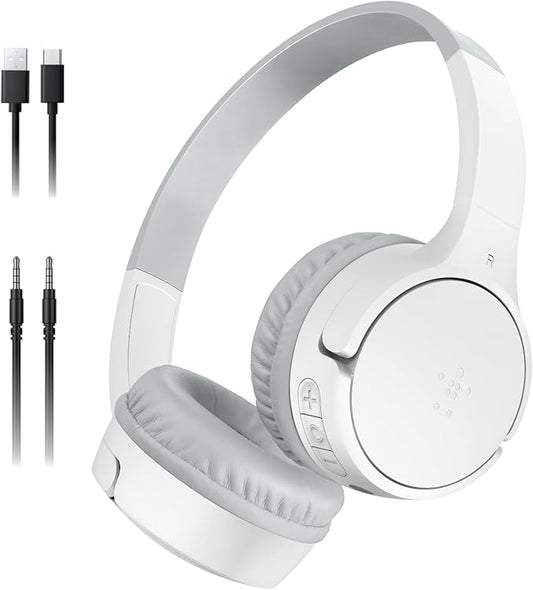 Belkin SoundForm Mini - Wireless Bluetooth Kids Headphones, 30H Battery, 85dB Safe Volume Limit, Built-in Microphone - Toddler On-Ear Earphones for iPhone, iPad, Fire Tablet, Ideal for School - White