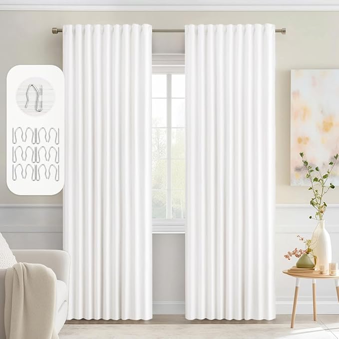 MIULEE Pure White Back Tab Blackout Curtains 90 Inches Long 2 Panels Set for Living Room Bedroom Privacy, Rod Pocket/Pinch Pleat Thermal Insulated Room Darkening Pleated Light Blocking Drapes